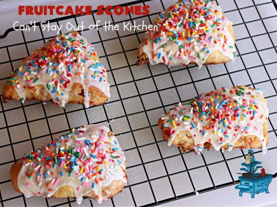 Fruitcake Scones | Can't Stay Out of the Kitchen | these #FruitcakeScones are to die for! Truly, these #scones are filled with #FruitcakeMix & laced with #AlmondExtract in the scone and the icing. Perfect for #breakfast or #brunch menus during #Thanksgiving week or #Christmas week. You'll be drooling over every bite! #holiday #HolidayBreakfast #HolidayBaking #fruitcake #cherries #ParadiseFruit