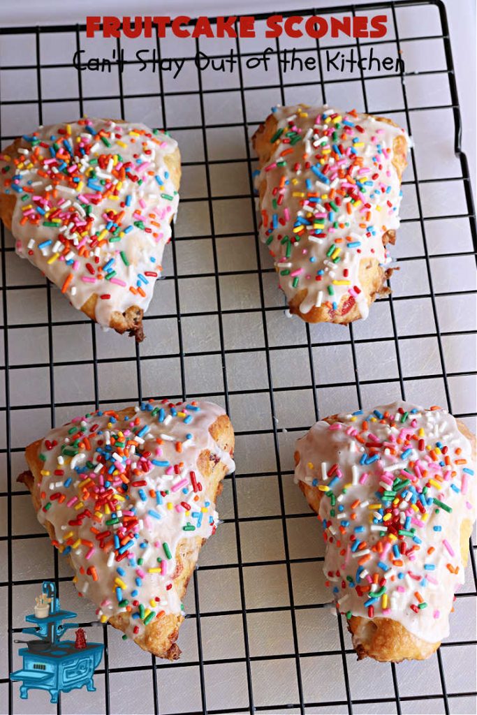 Fruitcake Scones | Can't Stay Out of the Kitchen | these #FruitcakeScones are to die for! Truly, these #scones are filled with #FruitcakeMix & laced with #AlmondExtract in the scone and the icing. Perfect for #breakfast or #brunch menus during #Thanksgiving week or #Christmas week. You'll be drooling over every bite! #holiday #HolidayBreakfast #HolidayBaking #fruitcake #cherries #ParadiseFruit
