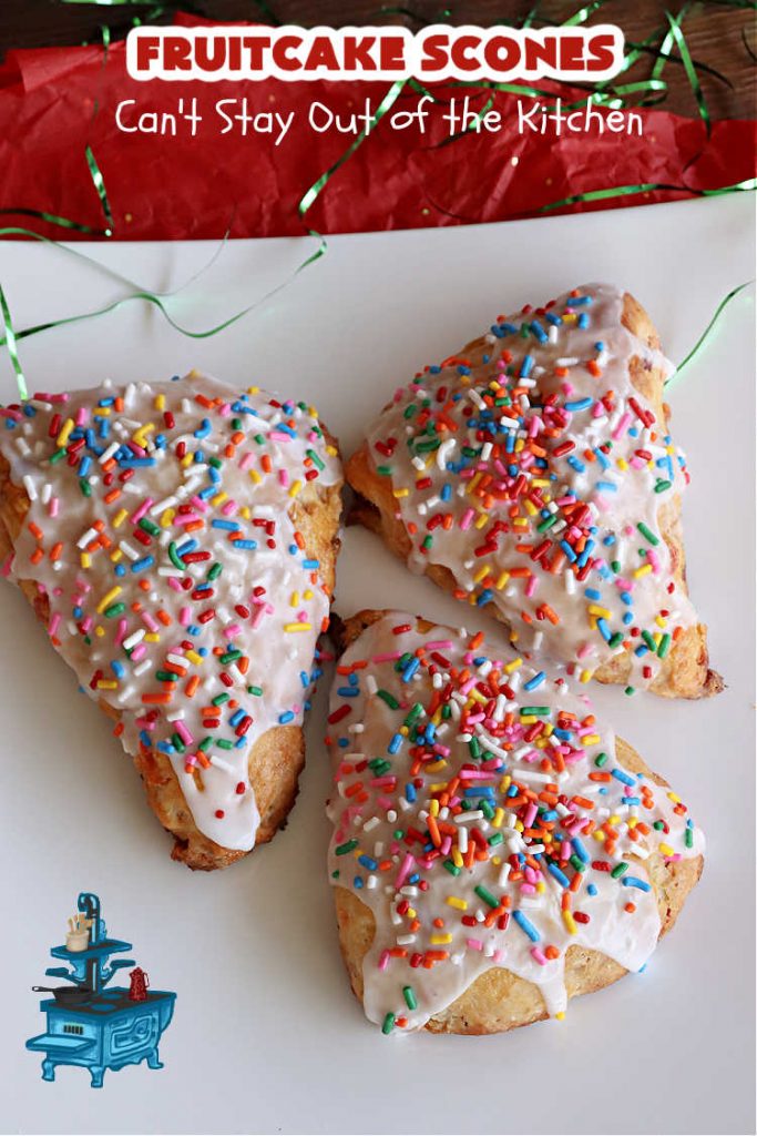 Fruitcake Scones | Can't Stay Out of the Kitchen | these #FruitcakeScones are to die for! Truly, these #scones are filled with #FruitcakeMix & laced with #AlmondExtract in the scone and the icing. Perfect for #breakfast or #brunch menus during #Thanksgiving week or #Christmas week. You'll be drooling over every bite! #holiday #HolidayBreakfast #HolidayBaking #fruitcake #cherries #ParadiseFruit