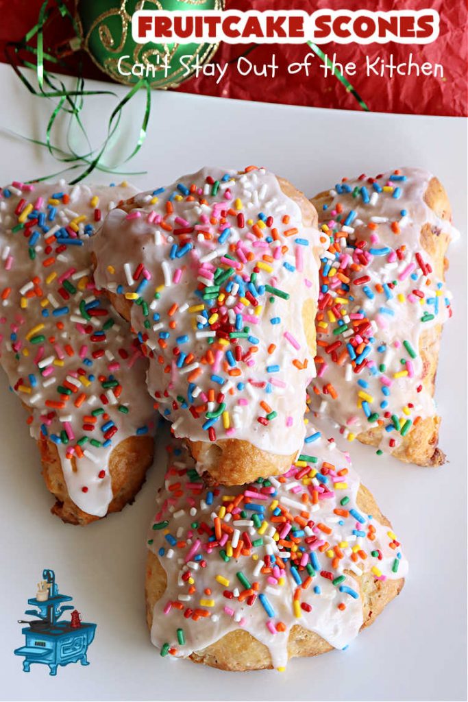 Fruitcake Scones | Can't Stay Out of the Kitchen | these #FruitcakeScones are to die for! Truly, these #scones are filled with #FruitcakeMix & laced with #AlmondExtract in the scone and the icing. Perfect for #breakfast or #brunch menus during #Thanksgiving week or #Christmas week. You'll be drooling over every bite! #holiday #HolidayBreakfast #HolidayBaking #fruitcake #cherries #ParadiseFruit