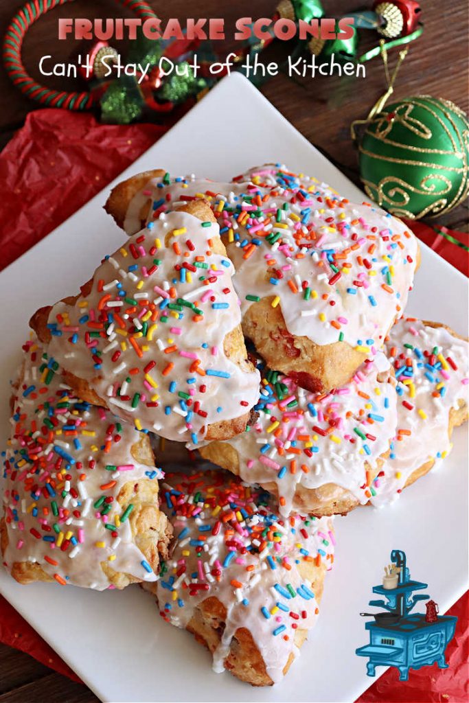 Fruitcake Scones | Can't Stay Out of the Kitchen | these #FruitcakeScones are to die for! Truly, these #scones are filled with #FruitcakeMix & laced with #AlmondExtract in the scone and the icing. Perfect for #breakfast or #brunch menus during #Thanksgiving week or #Christmas week. You'll be drooling over every bite! #holiday #HolidayBreakfast #HolidayBaking #fruitcake #cherries #ParadiseFruit