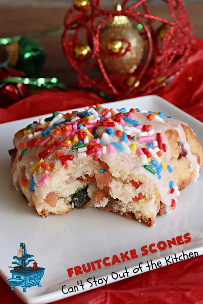 Fruitcake Scones | Can't Stay Out of the Kitchen | these #FruitcakeScones are to die for! Truly, these #scones are filled with #FruitcakeMix & laced with #AlmondExtract in the scone and the icing. Perfect for #breakfast or #brunch menus during #Thanksgiving week or #Christmas week. You'll be drooling over every bite! #holiday #HolidayBreakfast #HolidayBaking #fruitcake #cherries #ParadiseFruit