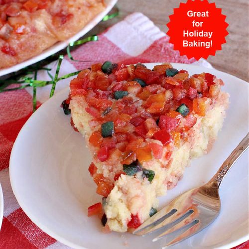 Fruitcake Upside Down Cake | Can't Stay Out of the Kitchen | this moist & delicious #cake is nothing like traditional #Fruitcake. This #UpsideDownCake is moist, drool-worthy & full of flavor. It will wow your #holiday company & friends. Beautiful, elegant & festive enough for any holiday party or gala. #HolidayDessert #FruitcakeDessert #FruitcakeUpsideDownCake #ParadiseCandiedFruit #ParadiseFruitCompany