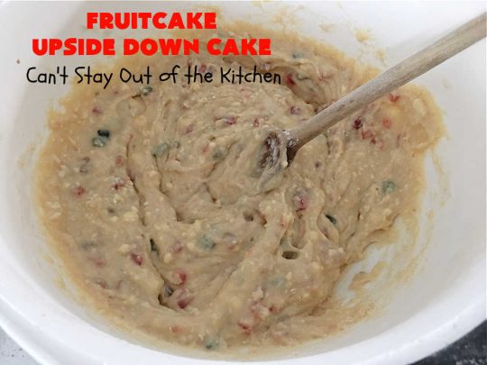 Fruitcake Upside Down Cake | Can't Stay Out of the Kitchen | this moist & delicious #cake is nothing like traditional #Fruitcake. This #UpsideDownCake is moist, drool-worthy & full of flavor. It will wow your #holiday company & friends. Beautiful, elegant & festive enough for any holiday party or gala. #HolidayDessert #FruitcakeDessert #FruitcakeUpsideDownCake #ParadiseCandiedFruit #ParadiseFruitCompany