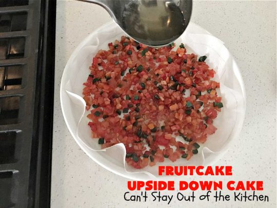 Fruitcake Upside Down Cake | Can't Stay Out of the Kitchen | this moist & delicious #cake is nothing like traditional #Fruitcake. This #UpsideDownCake is moist, drool-worthy & full of flavor. It will wow your #holiday company & friends. Beautiful, elegant & festive enough for any holiday party or gala. #HolidayDessert #FruitcakeDessert #FruitcakeUpsideDownCake #ParadiseCandiedFruit #ParadiseFruitCompany