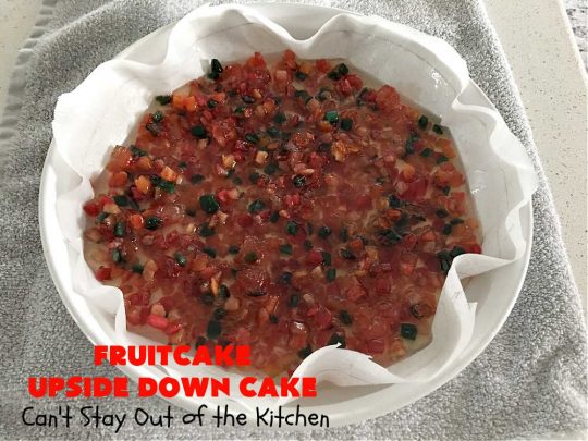 Fruitcake Upside Down Cake | Can't Stay Out of the Kitchen | this moist & delicious #cake is nothing like traditional #Fruitcake. This #UpsideDownCake is moist, drool-worthy & full of flavor. It will wow your #holiday company & friends. Beautiful, elegant & festive enough for any holiday party or gala. #HolidayDessert #FruitcakeDessert #FruitcakeUpsideDownCake #ParadiseCandiedFruit #ParadiseFruitCompany