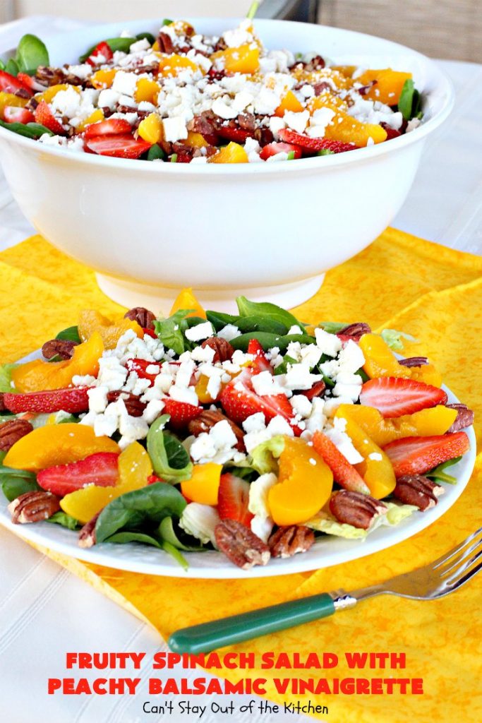 Fruity Spinach Salad with Peachy Balsamic Vinaigrette | Can't Stay Out of the Kitchen | this fantastic #salad uses #strawberries, #peaches, whole #pecans & #feta cheese along with a homemade dressing. It's wonderful for company or #holiday dinners like #Easter, #MothersDay or #FathersDay. #glutenfree