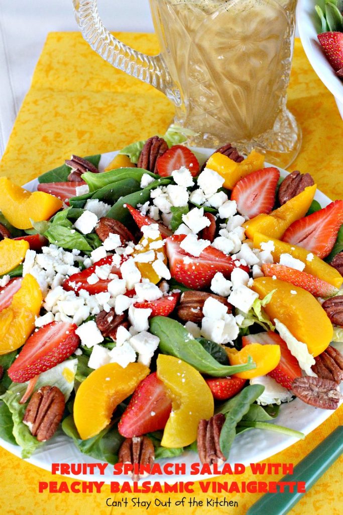 Fruity Spinach Salad with Peachy Balsamic Vinaigrette | Can't Stay Out of the Kitchen | this fantastic #salad uses #strawberries, #peaches, whole #pecans & #feta cheese along with a homemade dressing. It's wonderful for company or #holiday dinners like #Easter, #MothersDay or #FathersDay. #glutenfree