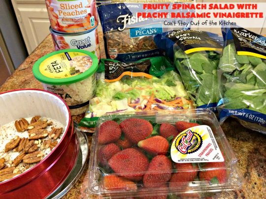 Fruity Spinach Salad with Peachy Balsamic Vinaigrette | Can't Stay Out of the Kitchen | this fantastic #salad uses #strawberries, #peaches, whole #pecans & #feta cheese along with a homemade dressing. It's wonderful for company or #holiday dinners like #Easter, #MothersDay or #FathersDay. #glutenfree
