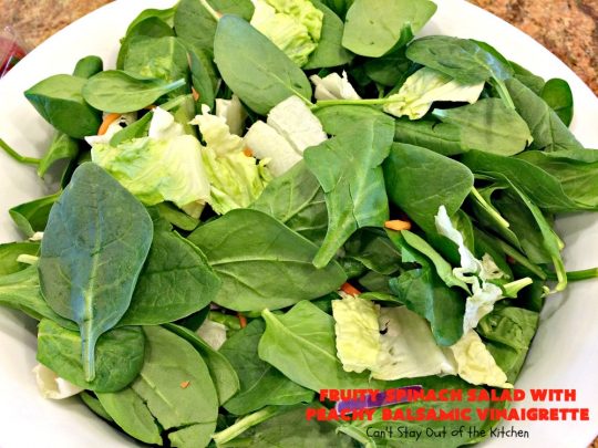 Fruity Spinach Salad with Peachy Balsamic Vinaigrette | Can't Stay Out of the Kitchen | this fantastic #salad uses #strawberries, #peaches, whole #pecans & #feta cheese along with a homemade dressing. It's wonderful for company or #holiday dinners like #Easter, #MothersDay or #FathersDay. #glutenfree