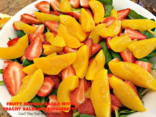 Fruity Spinach Salad with Peachy Balsamic Vinaigrette | Can't Stay Out of the Kitchen | this fantastic #salad uses #strawberries, #peaches, whole #pecans & #feta cheese along with a homemade dressing. It's wonderful for company or #holiday dinners like #Easter, #MothersDay or #FathersDay. #glutenfree
