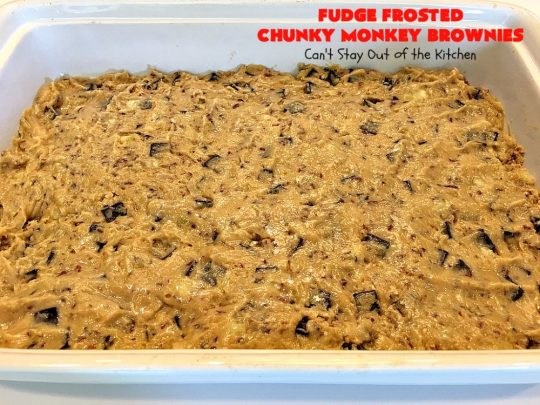 Fudge Frosted Chunky Monkey Brownies | Can't Stay Out of the Kitchen | These heavenly #brownies have #chocolate chunks in the batter & #fudge frosting on top. This addictive #dessert has triple the chocolate threat when you add ice cream & #Ghirardelli chocolate sauce on top!