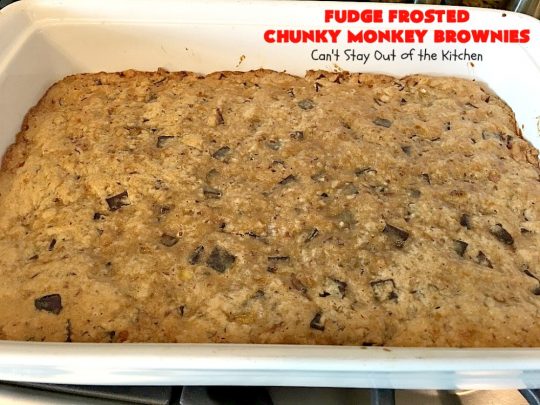 Fudge Frosted Chunky Monkey Brownies | Can't Stay Out of the Kitchen | These heavenly #brownies have #chocolate chunks in the batter & #fudge frosting on top. This addictive #dessert has triple the chocolate threat when you add ice cream & #Ghirardelli chocolate sauce on top!