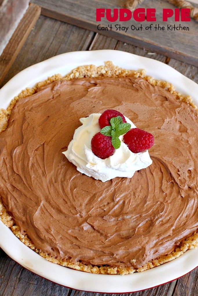 Fudge Pie | Can't Stay Out of the Kitchen | this amazing #ChocolatePie is rich, decadent and absolutely divine! Every bite will have you drooling. It's terrific for company or #holidays like #Easter or #MothersDay. #Pie #FudgePie #chocolate #HolidayDessert #EasterDessert #MothersDayDessert #FudgeDessert 