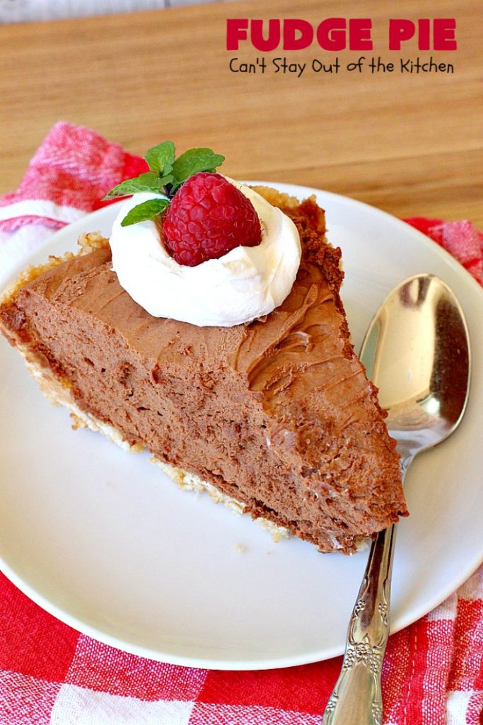 Fudge Pie | Can't Stay Out of the Kitchen | this amazing #ChocolatePie is rich, decadent and absolutely divine! Every bite will have you drooling. It's terrific for company or #holidays like #Easter or #MothersDay. #Pie #FudgePie #chocolate #HolidayDessert #EasterDessert #MothersDayDessert #FudgeDessert 