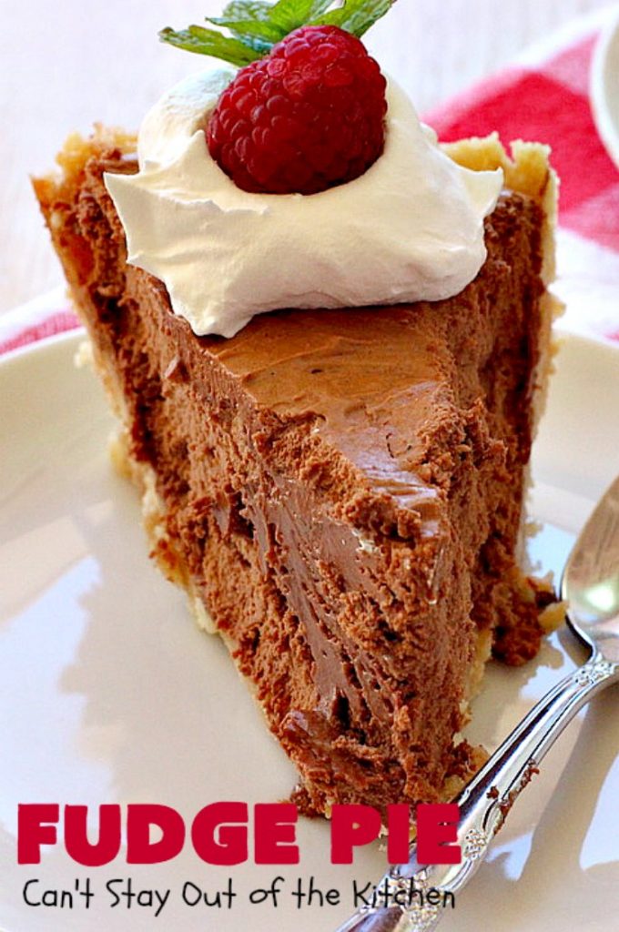 Fudge Pie | Can't Stay Out of the Kitchen | this amazing #ChocolatePie is rich, decadent and absolutely divine! Every bite will have you drooling. It's terrific for company or #holidays like #Easter or #MothersDay. #Pie #FudgePie #chocolate #HolidayDessert #EasterDessert #MothersDayDessert #FudgeDessert 