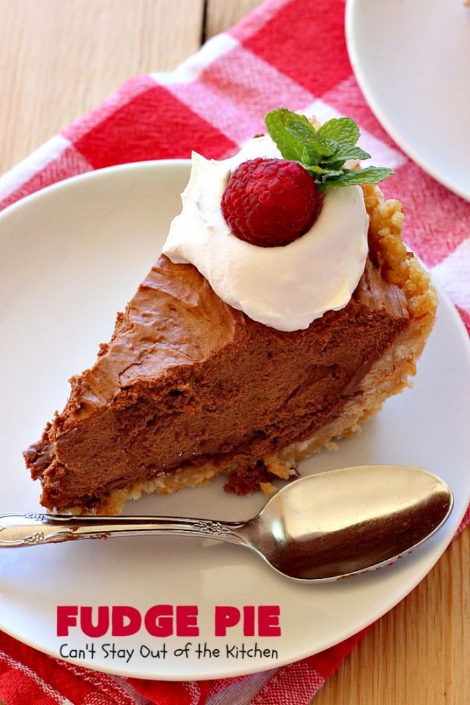 Fudge Pie | Can't Stay Out of the Kitchen | this amazing #ChocolatePie is rich, decadent and absolutely divine! Every bite will have you drooling. It's terrific for company or #holidays like #Easter or #MothersDay. #Pie #FudgePie #chocolate #HolidayDessert #EasterDessert #MothersDayDessert #FudgeDessert 