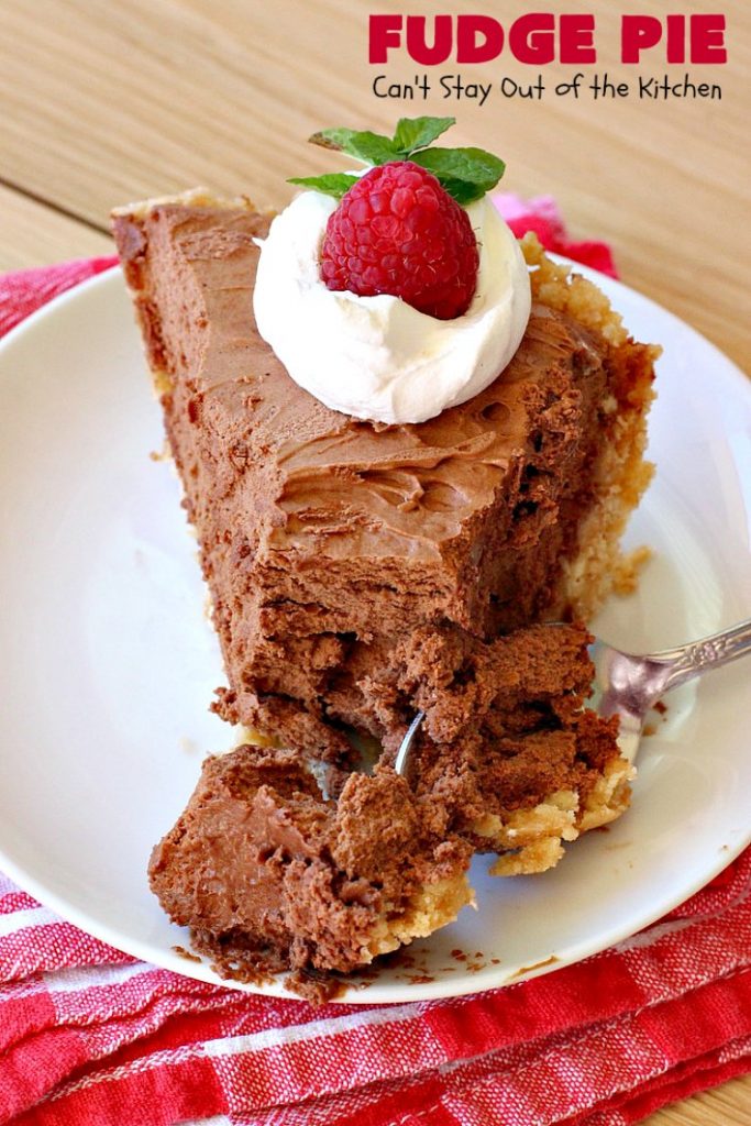 Fudge Pie | Can't Stay Out of the Kitchen | this amazing #ChocolatePie is rich, decadent and absolutely divine! Every bite will have you drooling. It's terrific for company or #holidays like #Easter or #MothersDay. #Pie #FudgePie #chocolate #HolidayDessert #EasterDessert #MothersDayDessert #FudgeDessert 