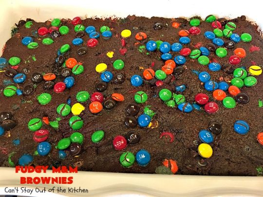Fudgy M&M Brownies | Can't Stay Out of the Kitchen | these fantastic #brownies are rich, decadent & divine! They're filled with #M&Ms & glazed with #chocolate icing. Amazing #dessert.