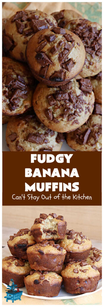 Fudgy Banana Muffins | Can't Stay Out of the Kitchen | Prepare to swoon over these delightful #muffins. They're full of #fudgy #chocolate flavor & include pieces of a #HersheysChocolateBar in the #muffin & sprinkled on top. #Bananas keep the #muffins moist. Great for a weekend, company or #holiday #breakfast or #brunch. #ChocolateMuffins #BananaMuffins #FudgyBananaMuffins