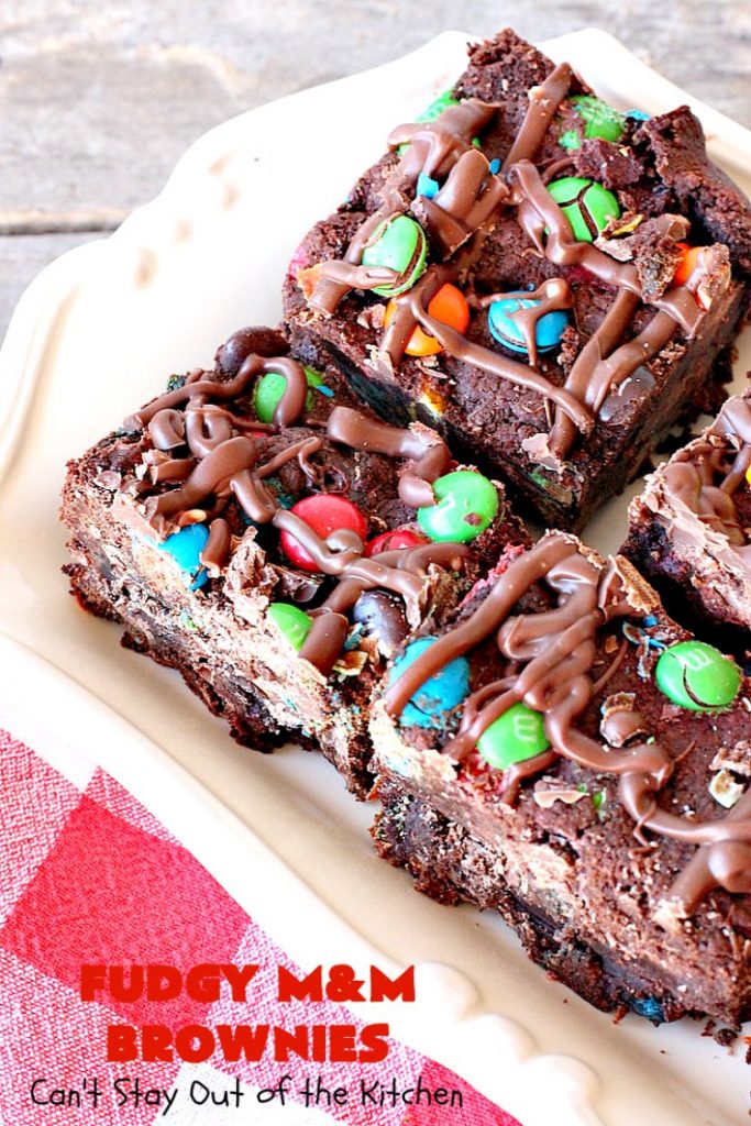 Fudgy M&M Brownies | Can't Stay Out of the Kitchen | these fantastic #brownies are rich, decadent & divine! They're filled with #M&Ms & glazed with #chocolate icing. Amazing #dessert.
