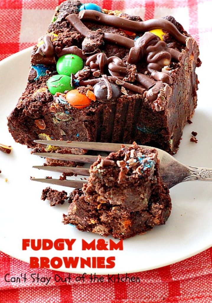Fudgy M&M Brownies | Can't Stay Out of the Kitchen | these fantastic #brownies are rich, decadent & divine! They're filled with #M&Ms & glazed with #chocolate icing. Amazing #dessert.