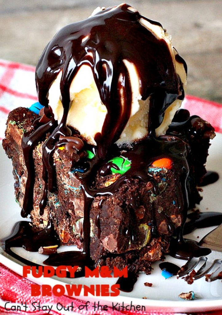 Fudgy M&M Brownies | Can't Stay Out of the Kitchen | these fantastic #brownies are rich, decadent & divine! They're filled with #M&Ms & glazed with #chocolate icing. Amazing #dessert.