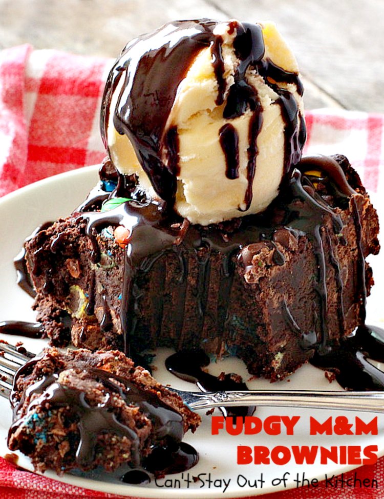 Fudgy M&M Brownies | Can't Stay Out of the Kitchen | these fantastic #brownies are rich, decadent & divine! They're filled with #M&Ms & glazed with #chocolate icing. Amazing #dessert.