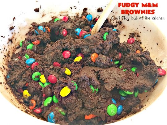 Fudgy M&M Brownies | Can't Stay Out of the Kitchen | these fantastic #brownies are rich, decadent & divine! They're filled with #M&Ms & glazed with #chocolate icing. Amazing #dessert.
