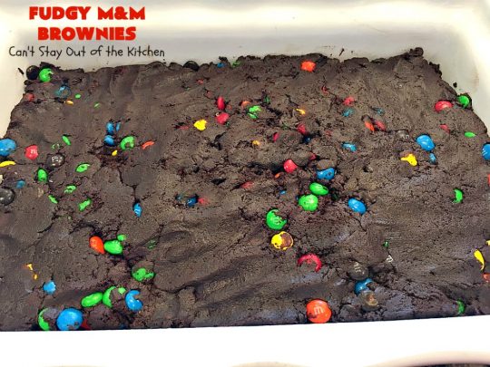 Fudgy M&M Brownies | Can't Stay Out of the Kitchen | these fantastic #brownies are rich, decadent & divine! They're filled with #M&Ms & glazed with #chocolate icing. Amazing #dessert.