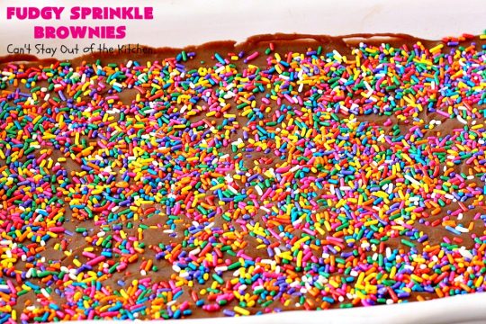Fudgy Sprinkle Brownies | Can't Stay Out of the Kitchen | these dynamite #brownies are filled with #chocolate & #sprinkles! The #fudge frosting is to die for! They're perfect for #tailgating parties, potlucks or any family get-together. #cookie #dessert