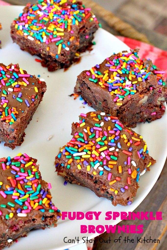 Fudgy Sprinkle Brownies | Can't Stay Out of the Kitchen | these dynamite #brownies are filled with #chocolate & #sprinkles! The #fudge frosting is to die for! They're perfect for #tailgating parties, potlucks or any family get-together. #cookie #dessert