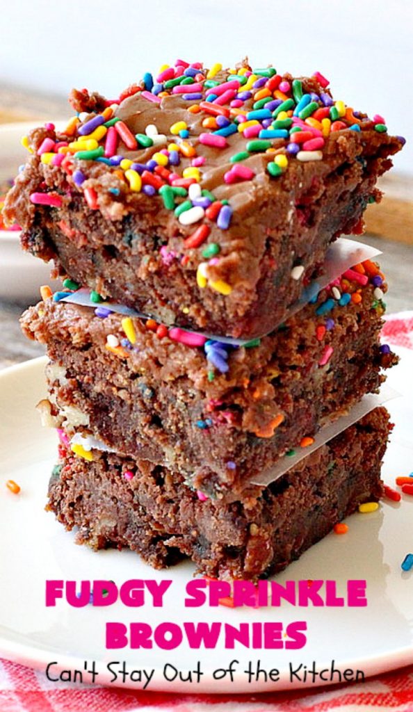 Fudgy Sprinkle Brownies | Can't Stay Out of the Kitchen | these dynamite #brownies are filled with #chocolate & #sprinkles! The #fudge frosting is to die for! They're perfect for #tailgating parties, potlucks or any family get-together. #cookie #dessert