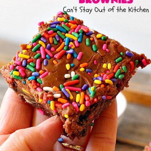 Fudgy Sprinkle Brownies | Can't Stay Out of the Kitchen | these dynamite #brownies are filled with #chocolate & #sprinkles! The #fudge frosting is to die for! They're perfect for #tailgating parties, potlucks or any family get-together. #cookie #dessert