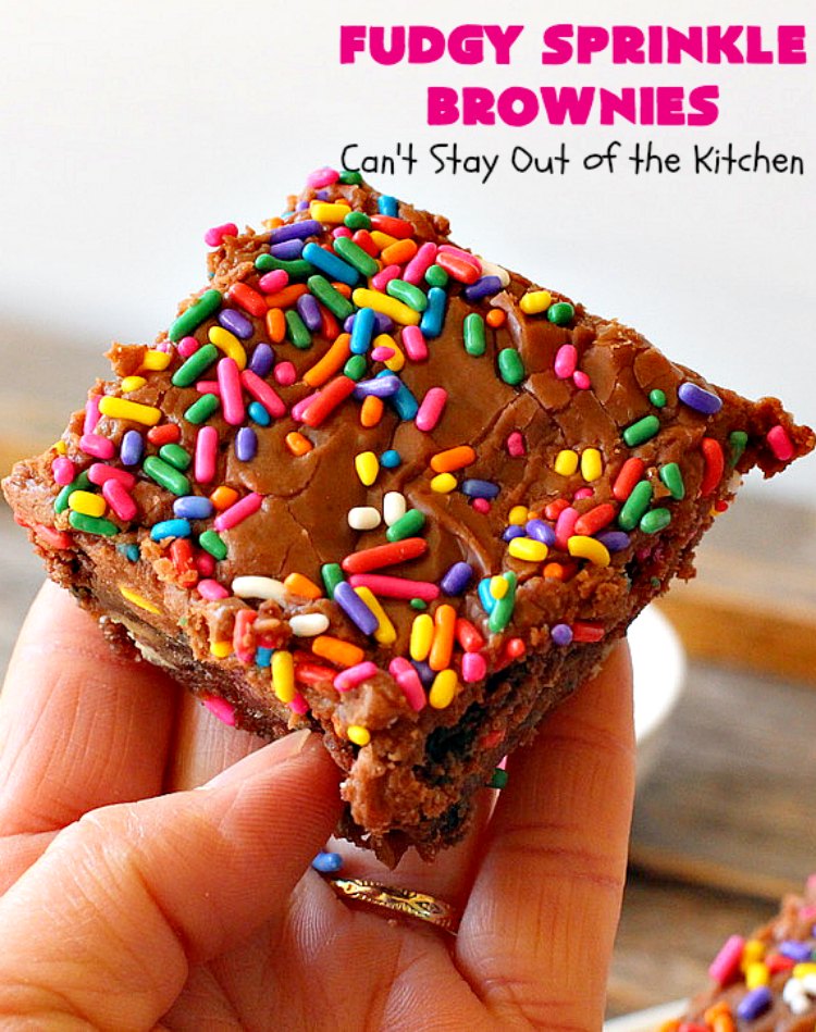 Fudgy Sprinkle Brownies | Can't Stay Out of the Kitchen | these dynamite #brownies are filled with #chocolate & #sprinkles! The #fudge frosting is to die for! They're perfect for #tailgating parties, potlucks or any family get-together. #cookie #dessert