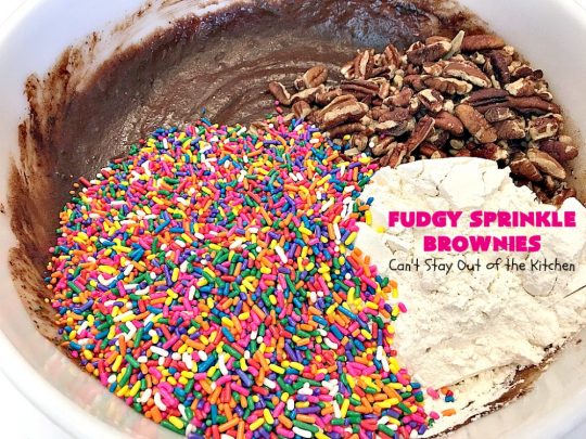 Fudgy Sprinkle Brownies | Can't Stay Out of the Kitchen | these dynamite #brownies are filled with #chocolate & #sprinkles! The #fudge frosting is to die for! They're perfect for #tailgating parties, potlucks or any family get-together. #cookie #dessert