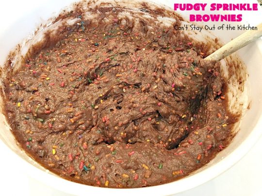 Fudgy Sprinkle Brownies | Can't Stay Out of the Kitchen | these dynamite #brownies are filled with #chocolate & #sprinkles! The #fudge frosting is to die for! They're perfect for #tailgating parties, potlucks or any family get-together. #cookie #dessert
