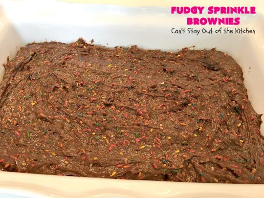 Fudgy Sprinkle Brownies | Can't Stay Out of the Kitchen | these dynamite #brownies are filled with #chocolate & #sprinkles! The #fudge frosting is to die for! They're perfect for #tailgating parties, potlucks or any family get-together. #cookie #dessert