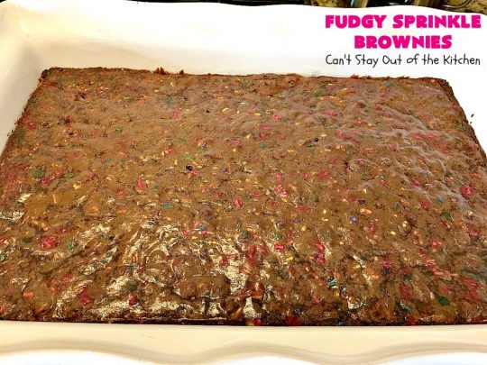 Fudgy Sprinkle Brownies | Can't Stay Out of the Kitchen | these dynamite #brownies are filled with #chocolate & #sprinkles! The #fudge frosting is to die for! They're perfect for #tailgating parties, potlucks or any family get-together. #cookie #dessert