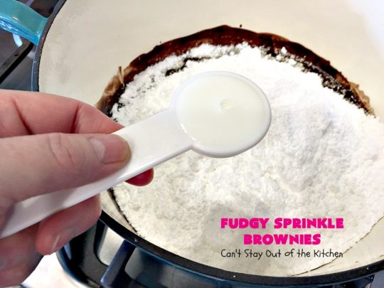 Fudgy Sprinkle Brownies | Can't Stay Out of the Kitchen | these dynamite #brownies are filled with #chocolate & #sprinkles! The #fudge frosting is to die for! They're perfect for #tailgating parties, potlucks or any family get-together. #cookie #dessert