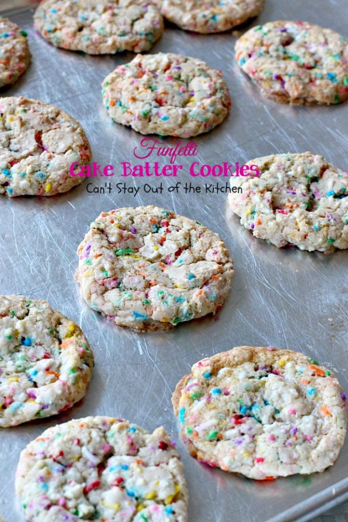 Funfetti Cake Batter Cookies | Can't Stay Out of the Kitchen | these fantastic #cookies are so quick and easy to make since they start with a #cakemix. Add lots of #funfetti sprinkles and you have one of the best cookies imaginable. #dessert