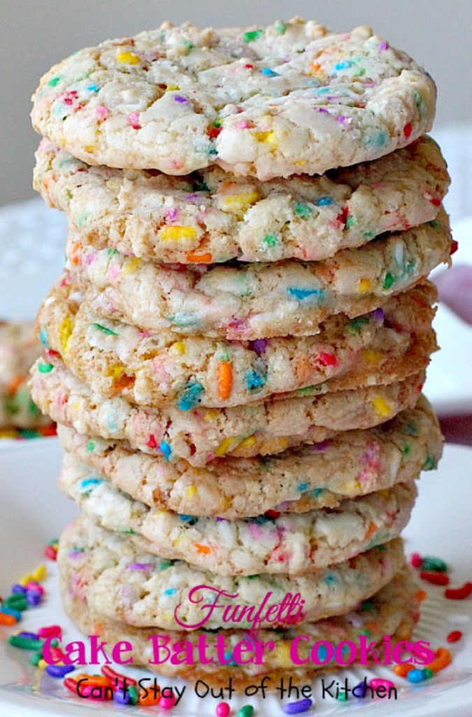 Funfetti Cake Batter Cookies | Can't Stay Out of the Kitchen | these fantastic #cookies are so quick and easy to make since they start with a #cakemix. Add lots of #funfetti sprinkles and you have one of the best cookies imaginable. #dessert