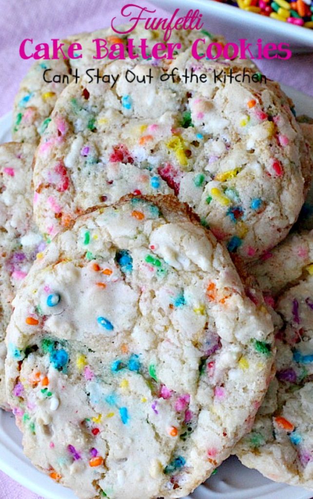 Funfetti Cake Batter Cookies | Can't Stay Out of the Kitchen | these fantastic #cookies are so quick and easy to make since they start with a #cakemix. Add lots of #funfetti sprinkles and you have one of the best cookies imaginable. #dessert