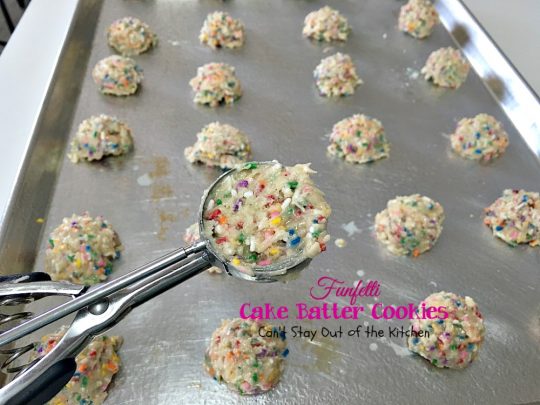 Funfetti Cake Batter Cookies | Can't Stay Out of the Kitchen | these fantastic #cookies are so quick and easy to make since they start with a #cakemix. Add lots of #funfetti sprinkles and you have one of the best cookies imaginable. #dessert