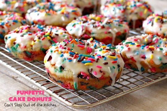 Funfetti Cake Donuts | Can't Stay Out of the Kitchen | my favorite #donut #recipe. These have delightful #almond flavoring in the donut & icing. #Sprinkles make everything better! Great for a #holiday #breakfast like #MemorialDay or #FathersDay. #Funfetti #FunfettiCakeDonuts #HolidayBreakfast