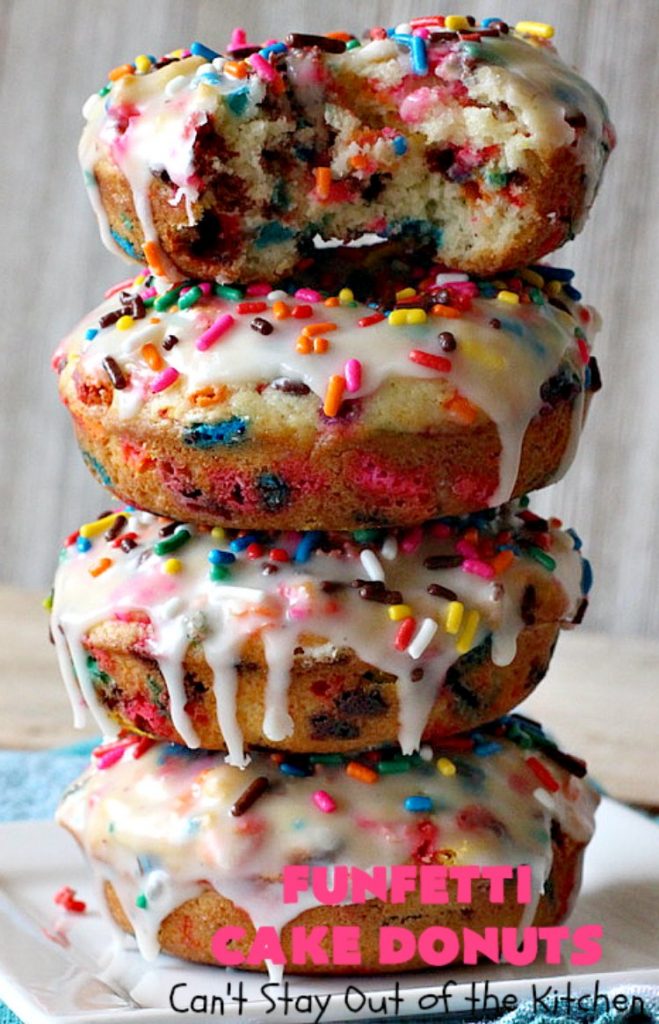 Funfetti Cake Donuts | Can't Stay Out of the Kitchen | my favorite #donut #recipe. These have delightful #almond flavoring in the donut & icing. #Sprinkles make everything better! Great for a #holiday #breakfast like #MemorialDay or #FathersDay. #Funfetti #FunfettiCakeDonuts #HolidayBreakfast