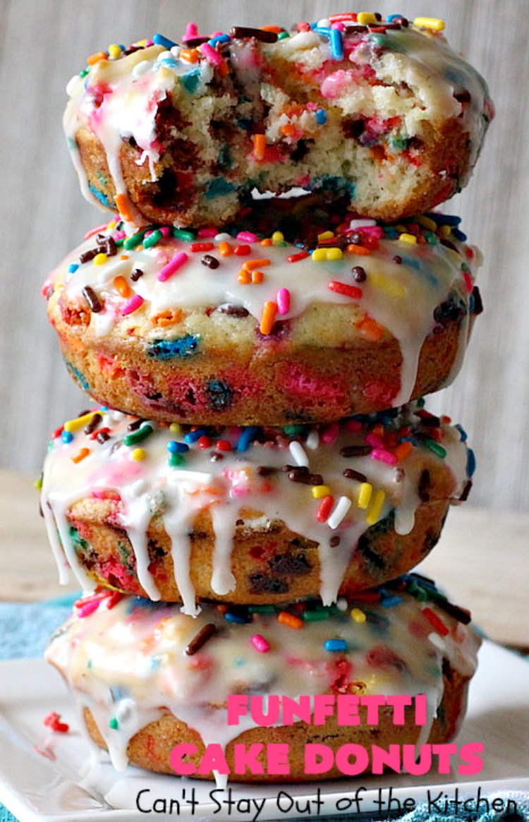 Funfetti Cake Donuts | Can't Stay Out of the Kitchen | my favorite #donut #recipe. These have delightful #almond flavoring in the donut & icing. #Sprinkles make everything better! Great for a #holiday #breakfast like #MemorialDay or #FathersDay. #Funfetti #FunfettiCakeDonuts #HolidayBreakfast