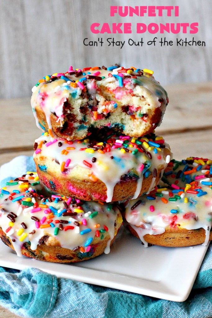 Funfetti Cake Donuts | Can't Stay Out of the Kitchen | my favorite #donut #recipe. These have delightful #almond flavoring in the donut & icing. #Sprinkles make everything better! Great for a #holiday #breakfast like #MemorialDay or #FathersDay. #Funfetti #FunfettiCakeDonuts #HolidayBreakfast