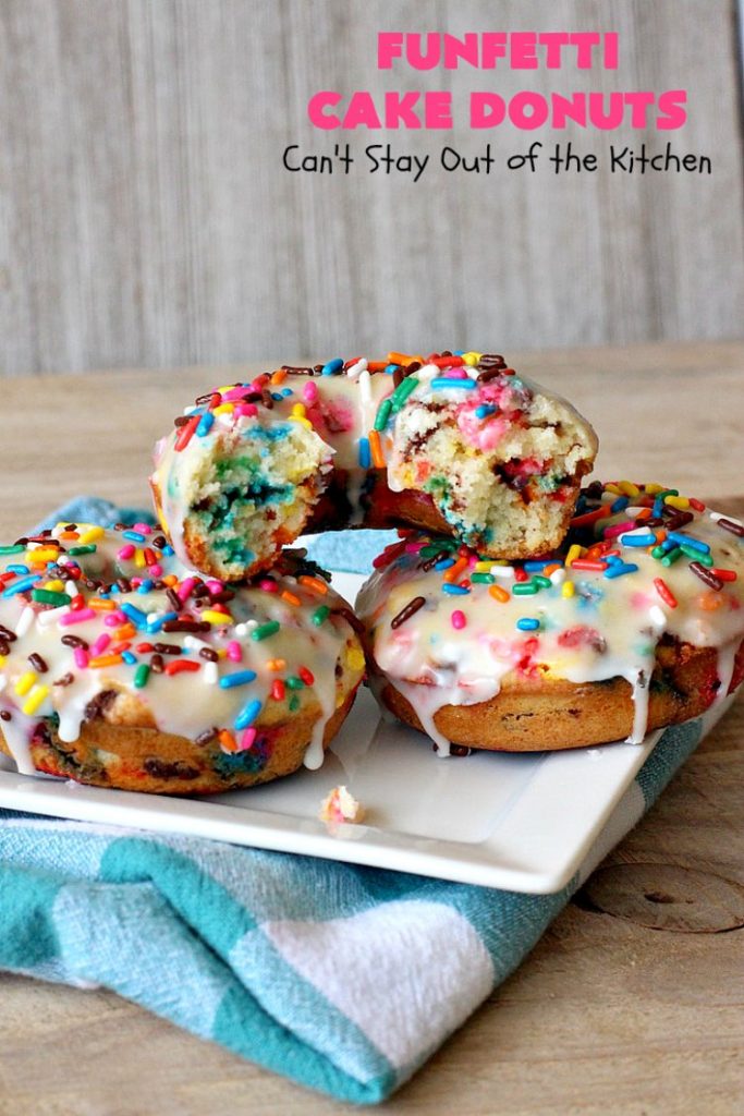 Funfetti Cake Donuts | Can't Stay Out of the Kitchen | my favorite #donut #recipe. These have delightful #almond flavoring in the donut & icing. #Sprinkles make everything better! Great for a #holiday #breakfast like #MemorialDay or #FathersDay. #Funfetti #FunfettiCakeDonuts #HolidayBreakfast