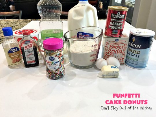 Funfetti Cake Donuts | Can't Stay Out of the Kitchen | my favorite #donut #recipe. These have delightful #almond flavoring in the donut & icing. #Sprinkles make everything better! Great for a #holiday #breakfast like #MemorialDay or #FathersDay. #Funfetti #FunfettiCakeDonuts #HolidayBreakfast
